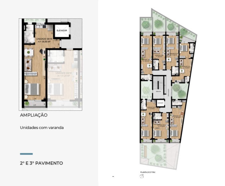 Pavimentos 2 e 3 com ampliação